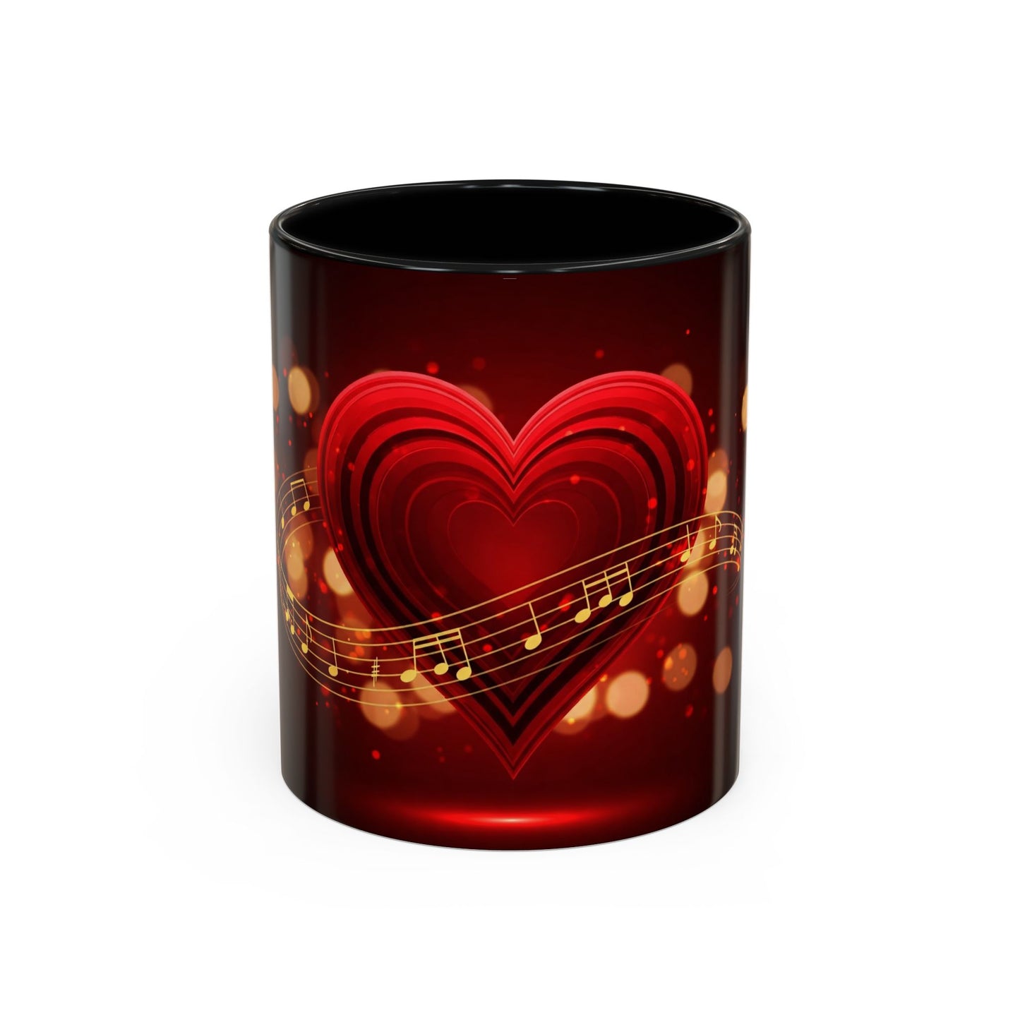 Coffee Mug - Romantic Red Heart and Golden Music Notes Design