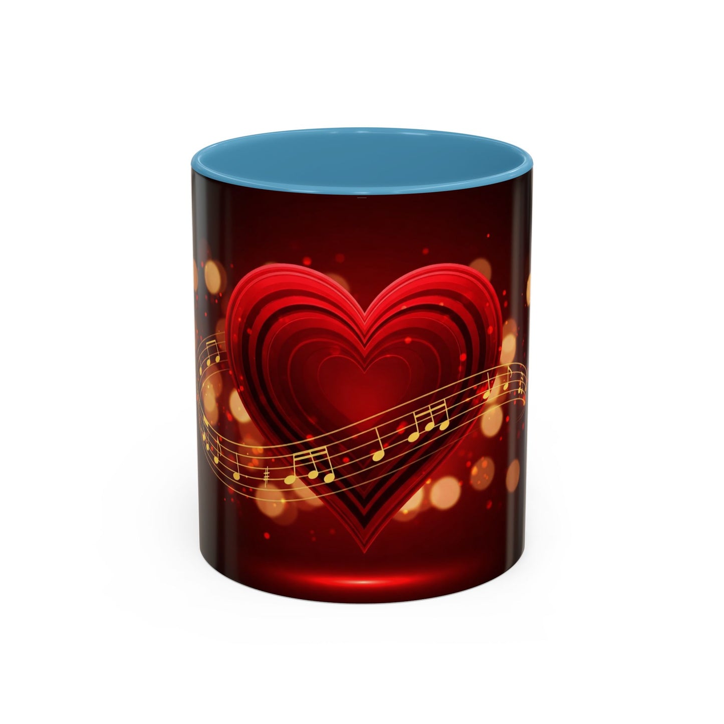 Coffee Mug - Romantic Red Heart and Golden Music Notes Design