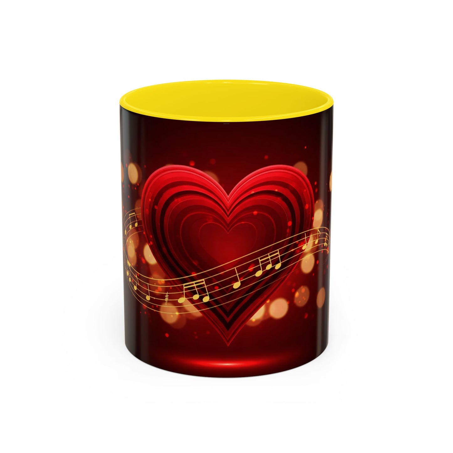 Coffee Mug - Romantic Red Heart and Golden Music Notes Design